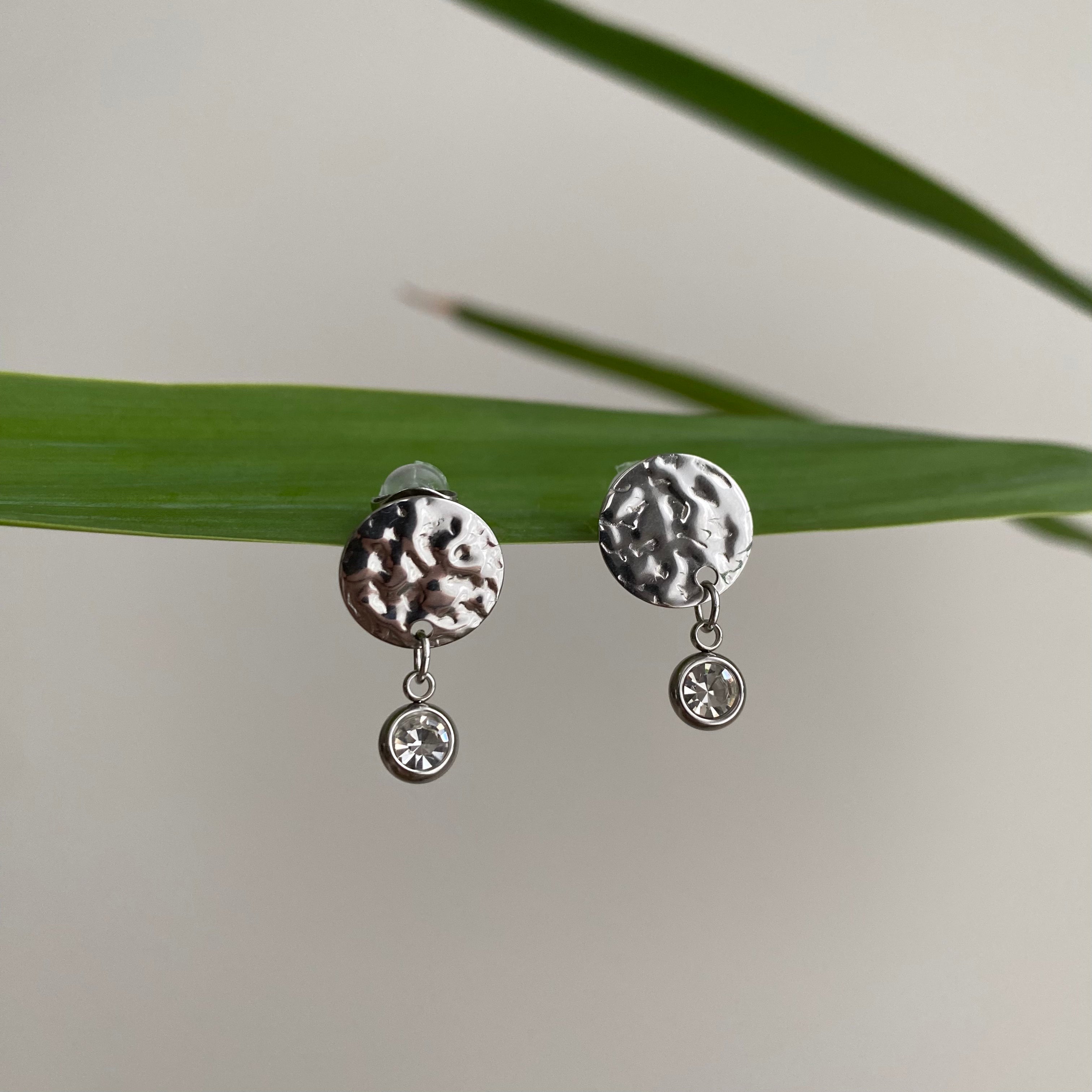 Silver Hammered Circle Drop Studs with Dangle Diamonds Earrings