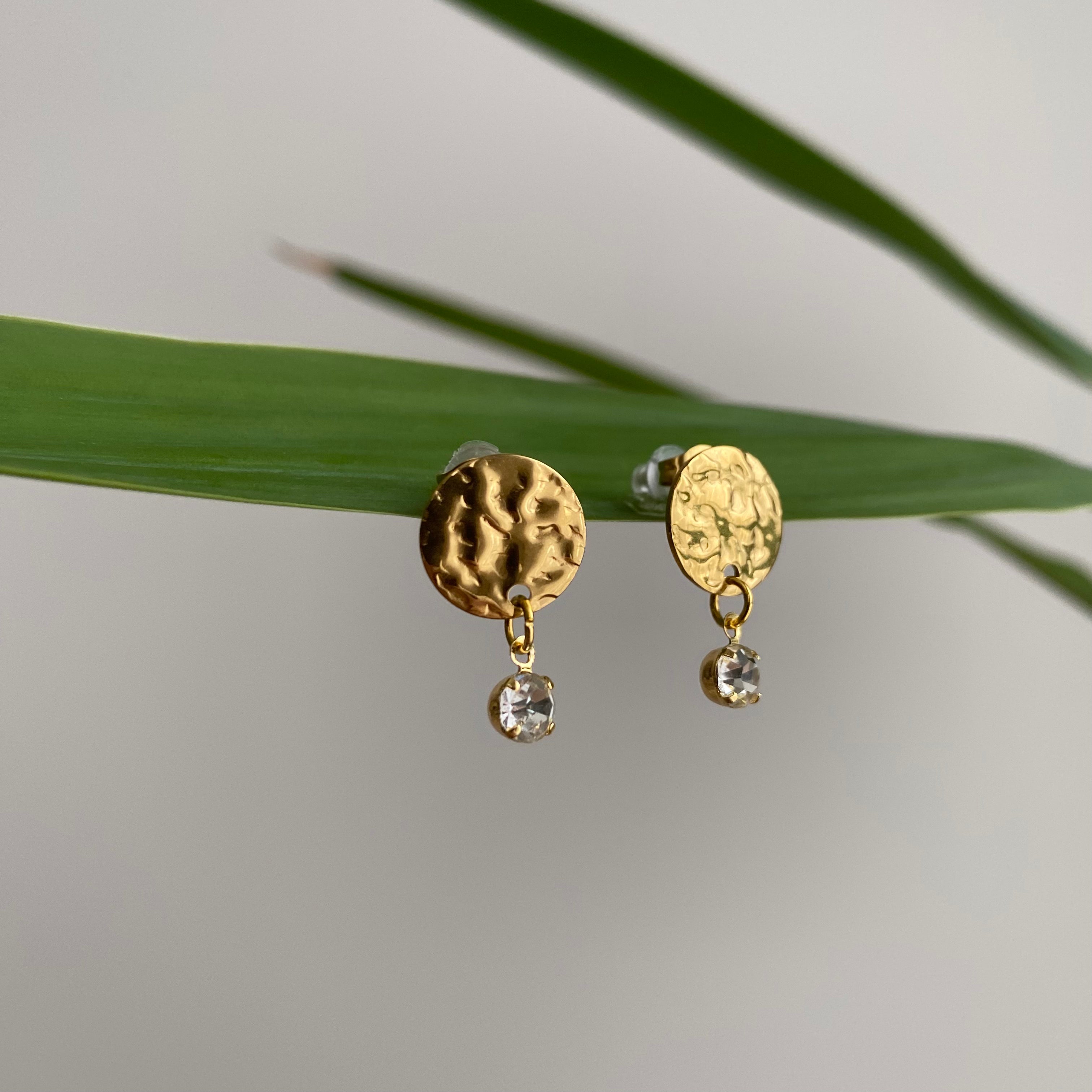 Gold Hammered Circle Drop Studs with Dangle Diamonds Earrings