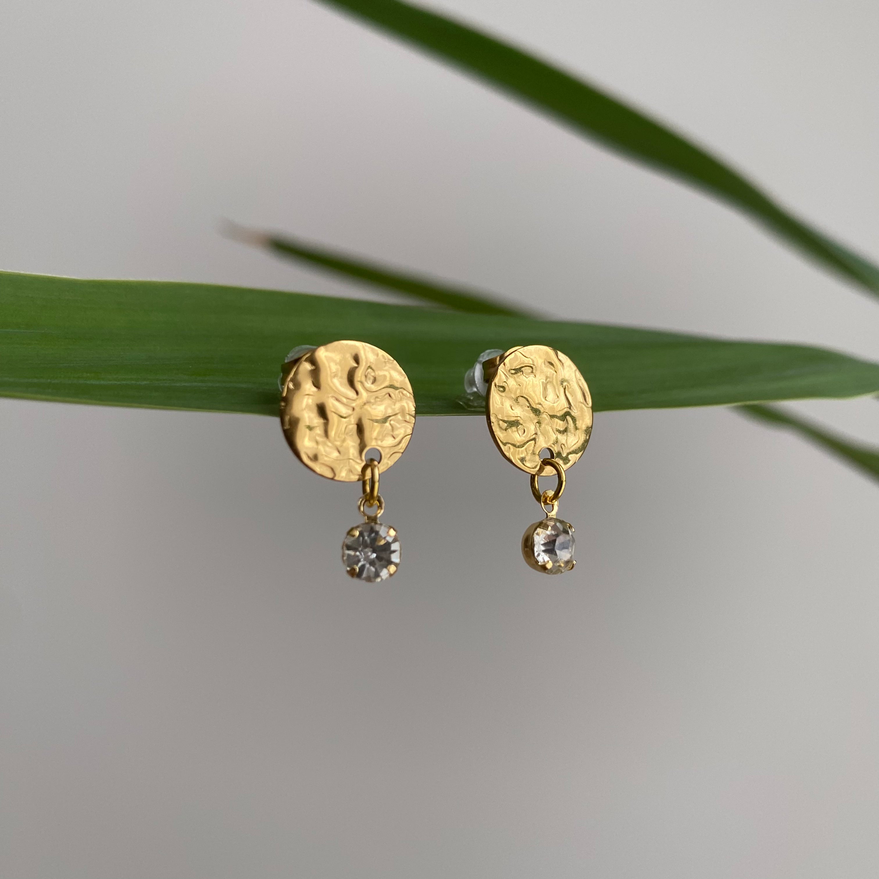 Gold Hammered Circle Drop Studs with Dangle Diamonds Earrings