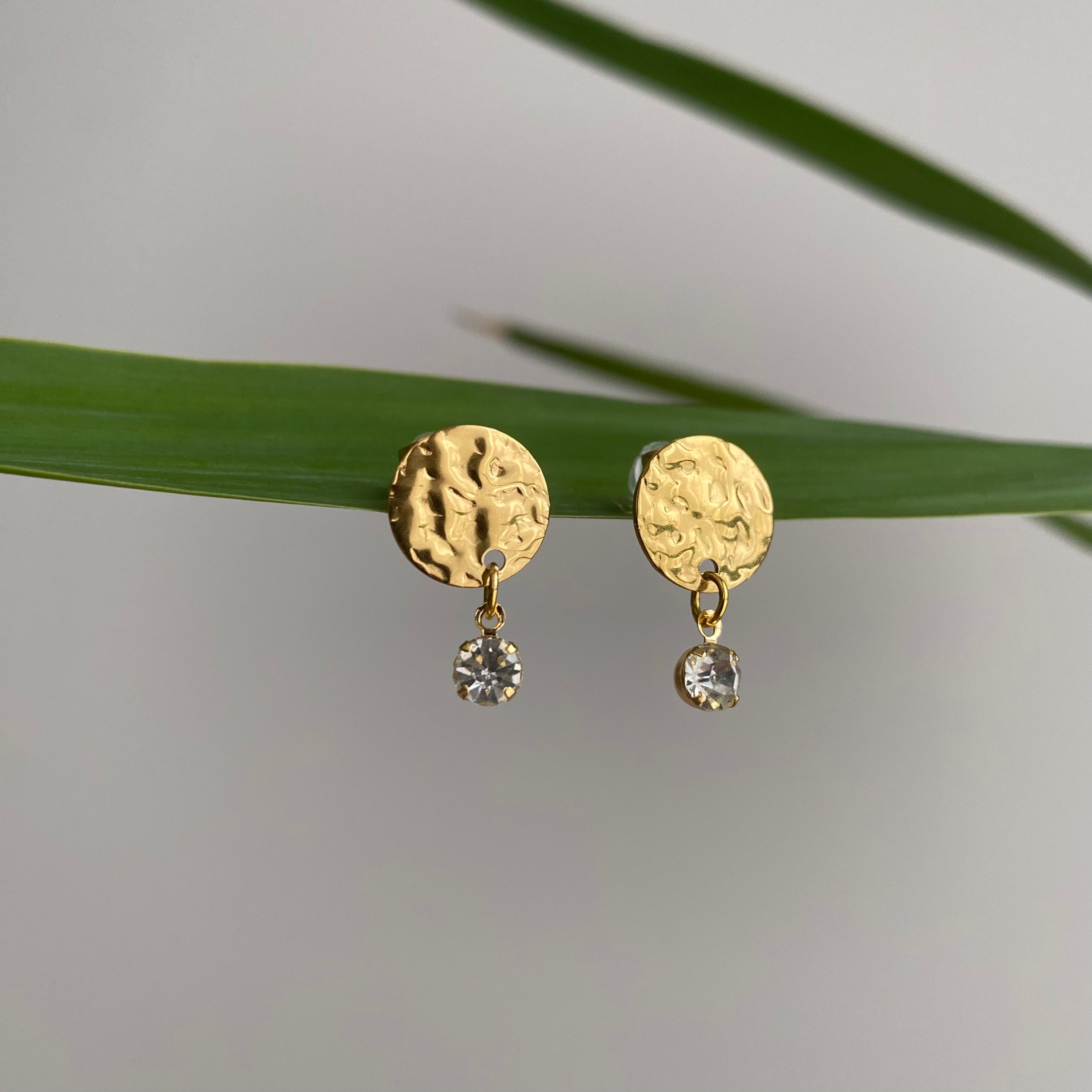Gold Hammered Circle Drop Studs with Dangle Diamonds Earrings