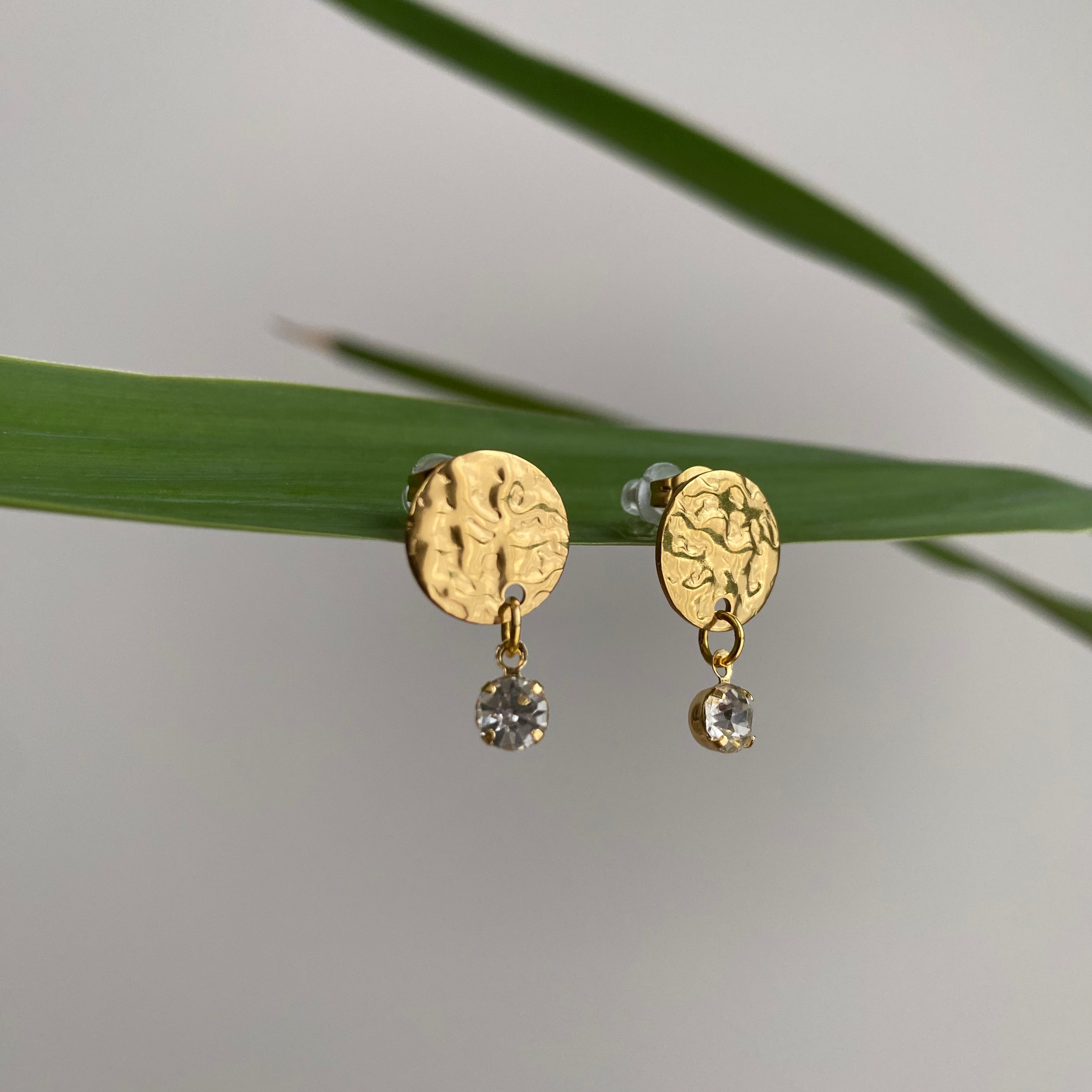 Gold Hammered Circle Drop Studs with Dangle Diamonds Earrings