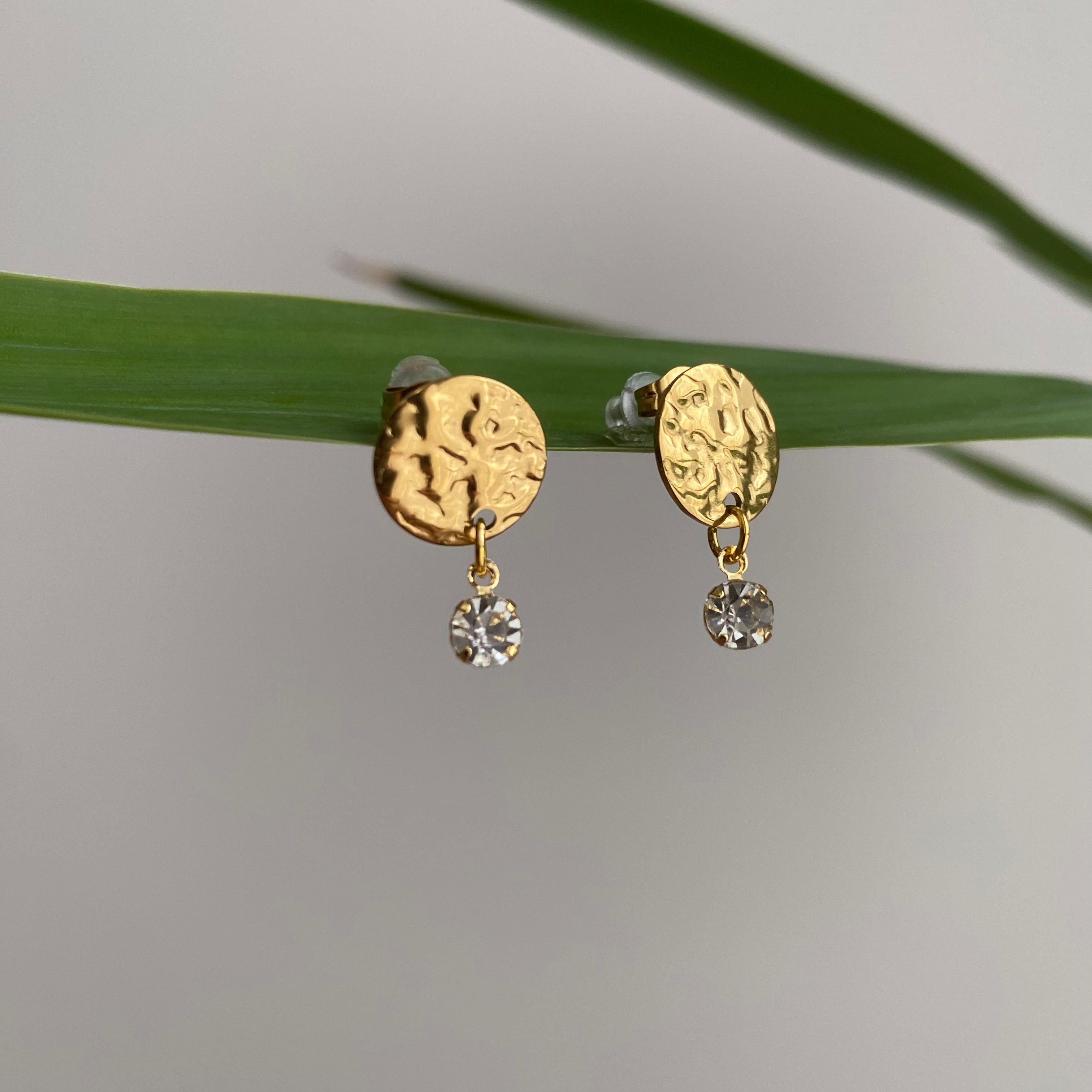 Gold Hammered Circle Drop Studs with Dangle Diamonds Earrings