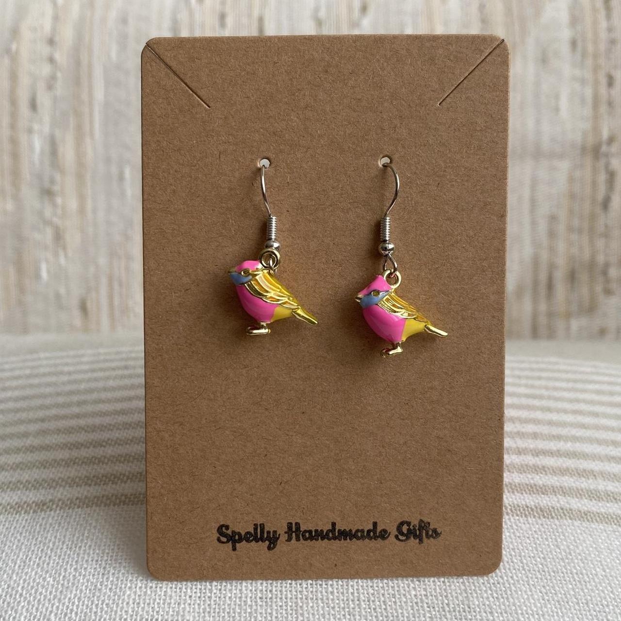 Pink And Yellow Bird Enamel Dangle Earrings With