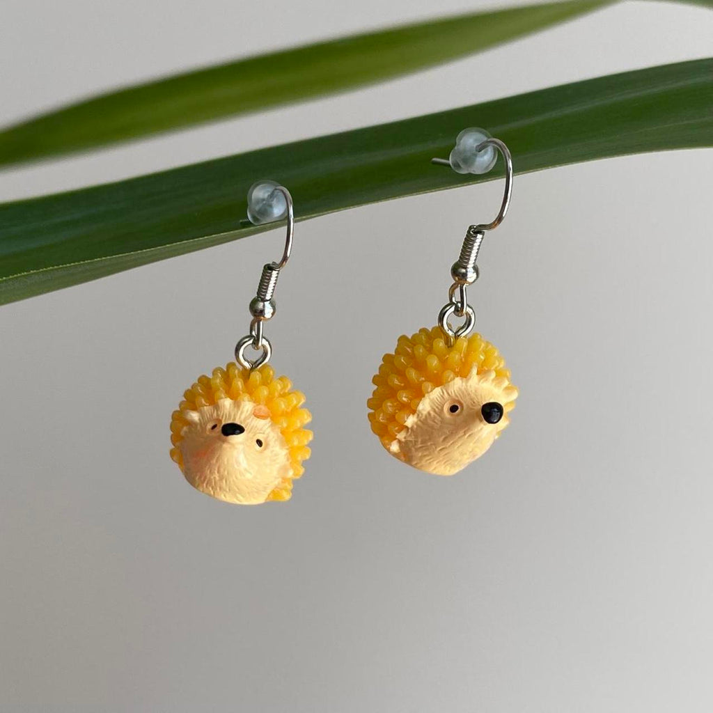 Yellow Hedgehog Dangle Earrings With Silver Accents - Image 2