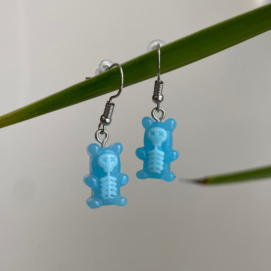 Blue Skeletal Gummy Bear Dangle Earrings Hand Made - Image 4
