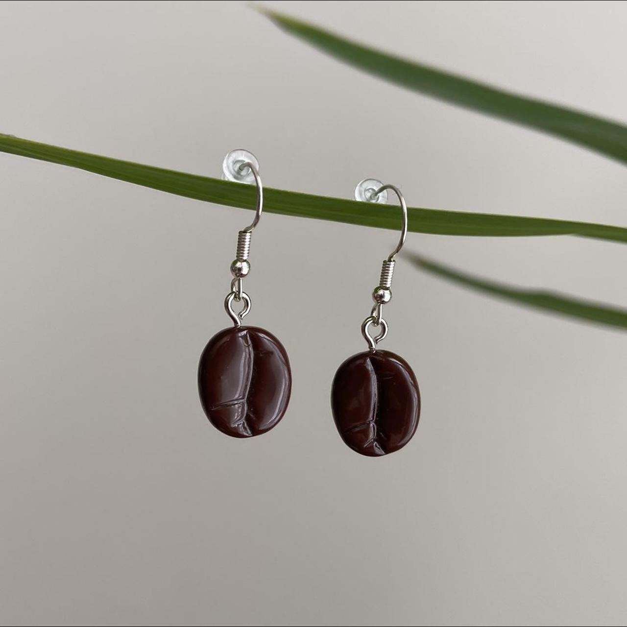 Coffee Bean Drop Dangle Earrings With Silver - Image 2