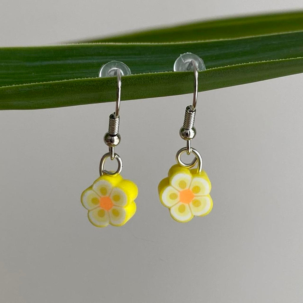 Yellow Tropical Flower Polymer Clay Dangle Earrings