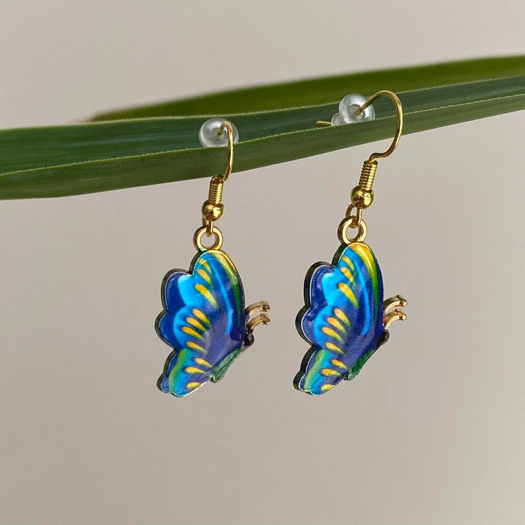 Blue Yellow Green Butterfly Enamel Dangle Earrings - Image 5