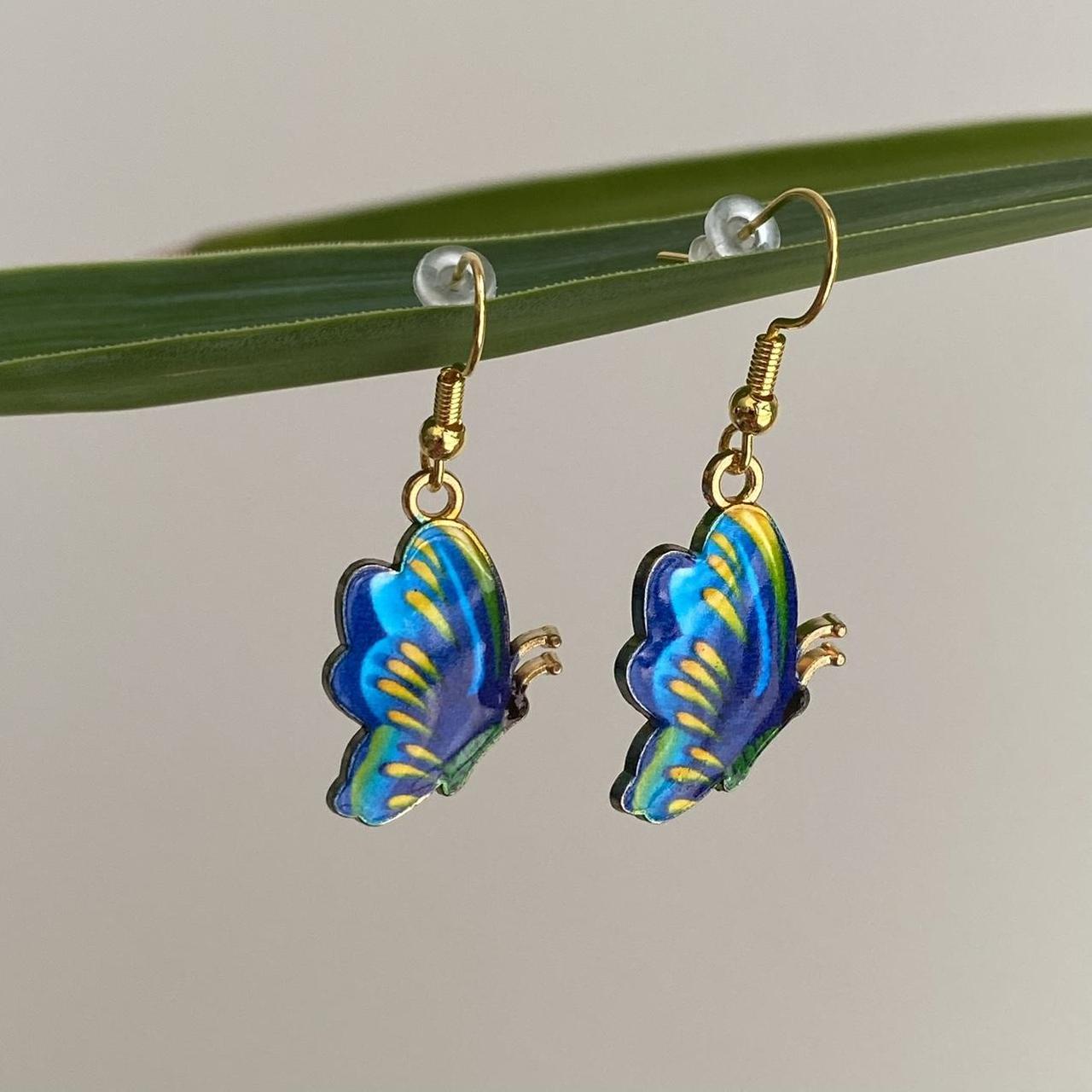 Blue Yellow Green Butterfly Enamel Dangle Earrings - Image 5