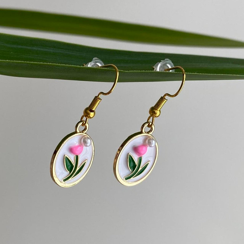 Pink Tulip In Oval Dangle Earrings With Pearl And - Image 2