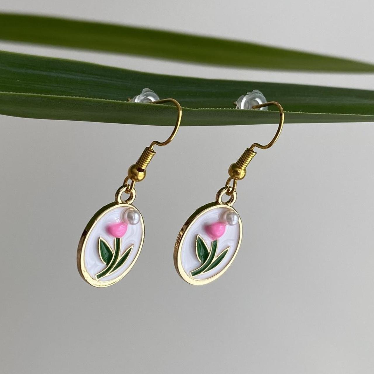 Pink Tulip In Oval Dangle Earrings With Pearl And - Image 2