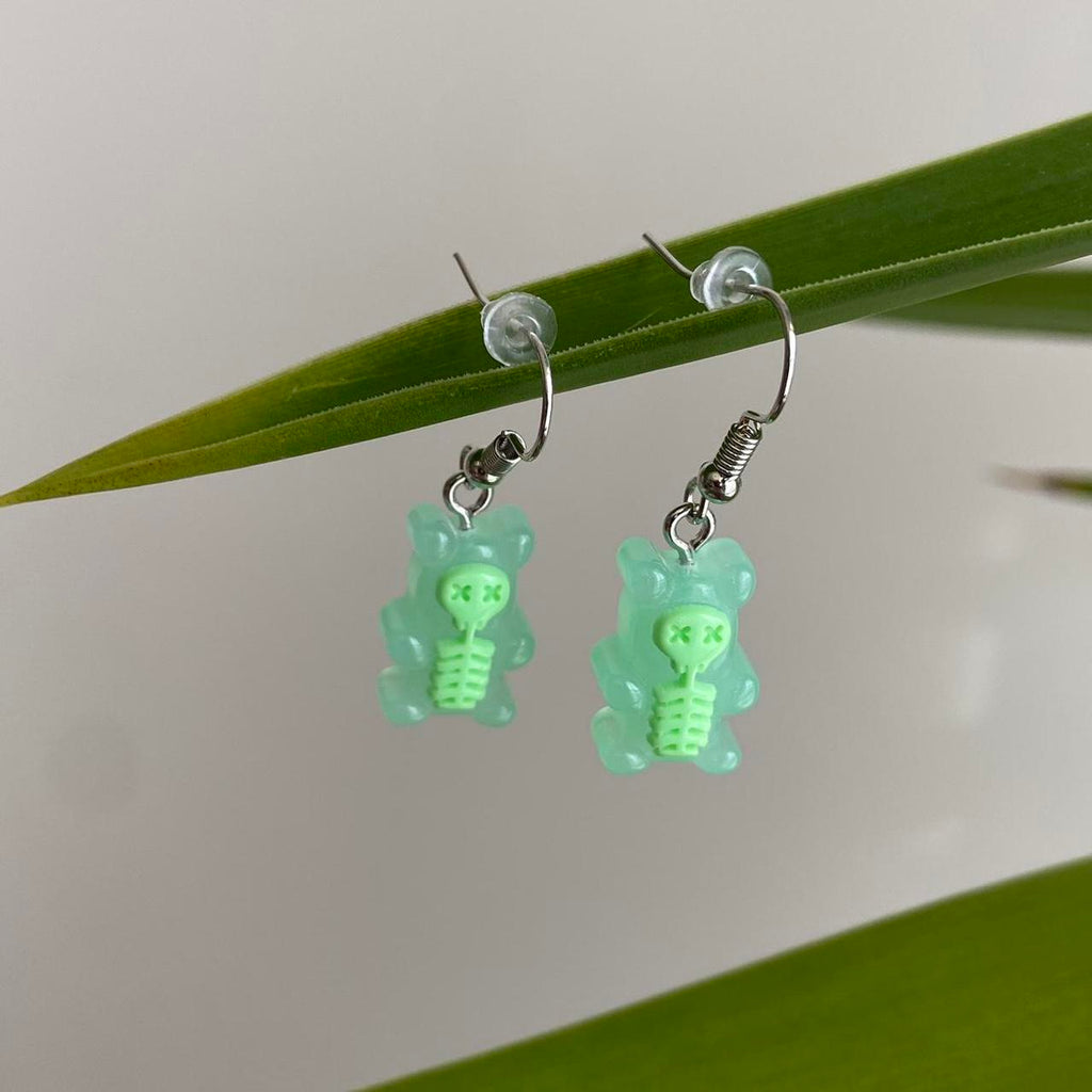 Green Skeletal Gummy Bear Dangle Earrings Hand - Image 3