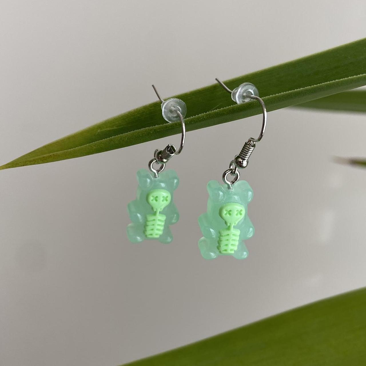 Green Skeletal Gummy Bear Dangle Earrings Hand - Image 3