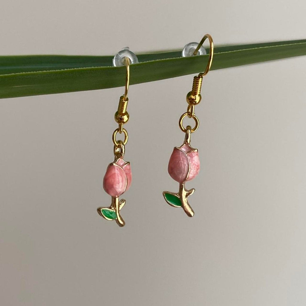Pink Rose Dangle Earrings With Gold Accents Hand - Image 2
