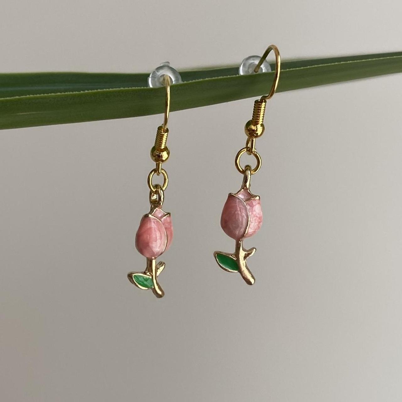 Pink Rose Dangle Earrings With Gold Accents Hand - Image 2