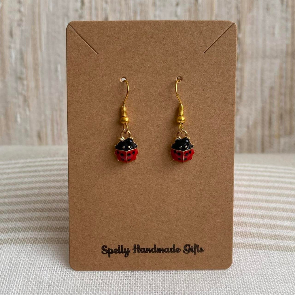 Red Ladybug Dangle Earrings With Gold Accents - Image 4