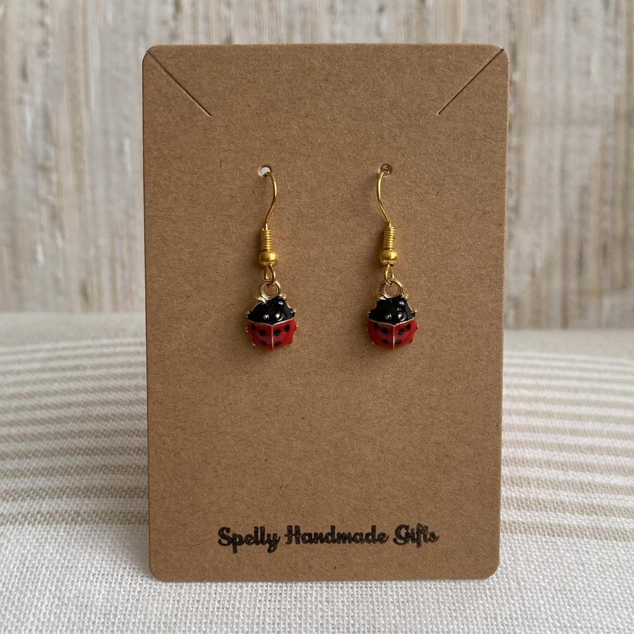 Red Ladybug Dangle Earrings With Gold Accents - Image 4