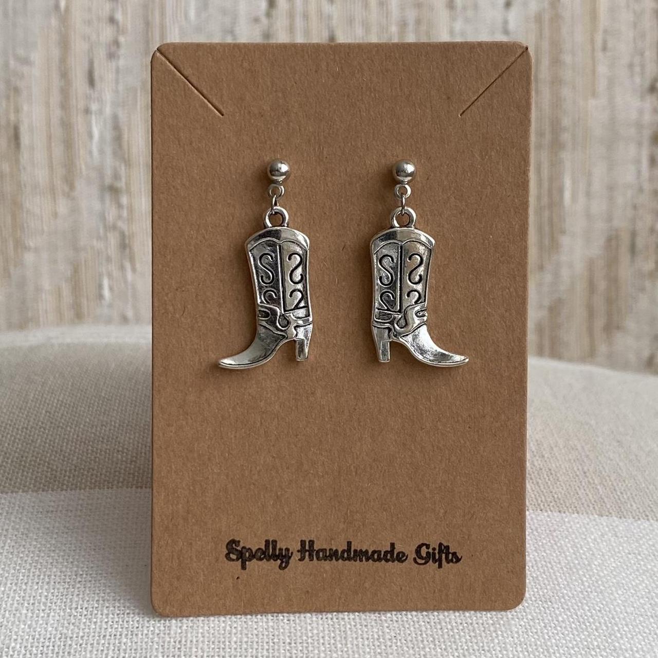 Silver Western Cowgirl Boots Dangle Stud Earrings - Image 2