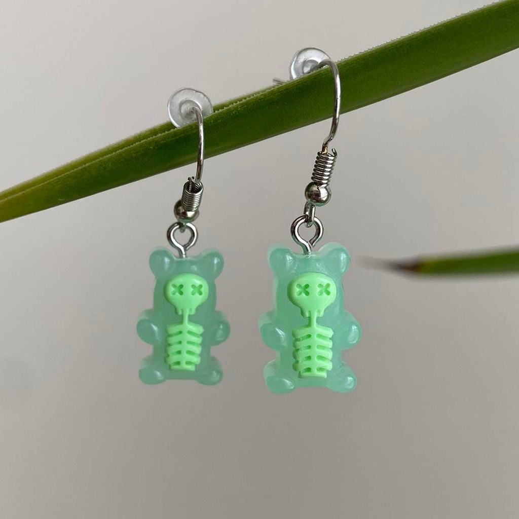 Green Skeletal Gummy Bear Dangle Earrings Hand
