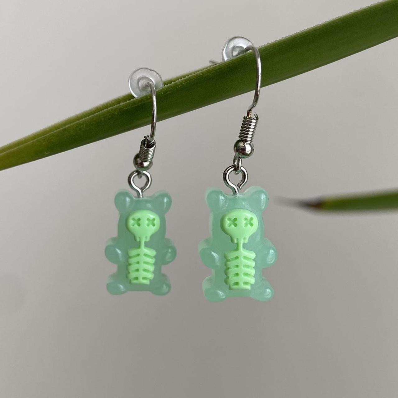 Green Skeletal Gummy Bear Dangle Earrings Hand