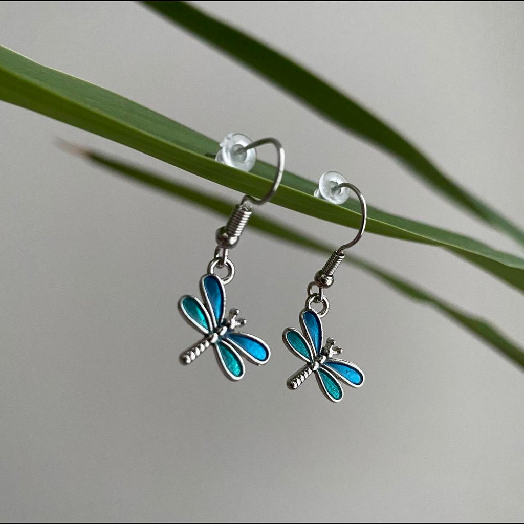 Blue Dragon Fly Dangle Earrings With Silver Accents - Image 4
