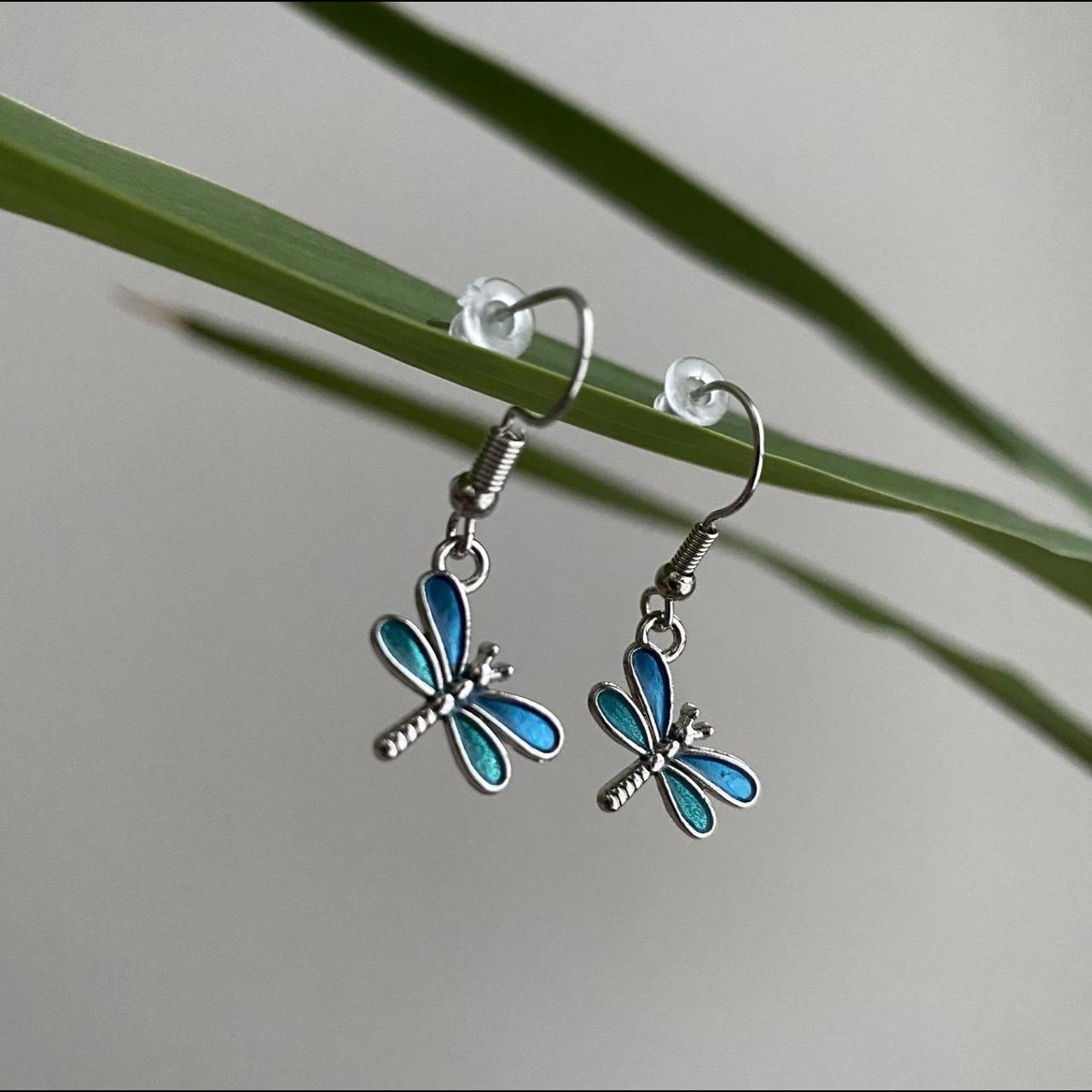 Blue Dragon Fly Dangle Earrings With Silver Accents - Image 4
