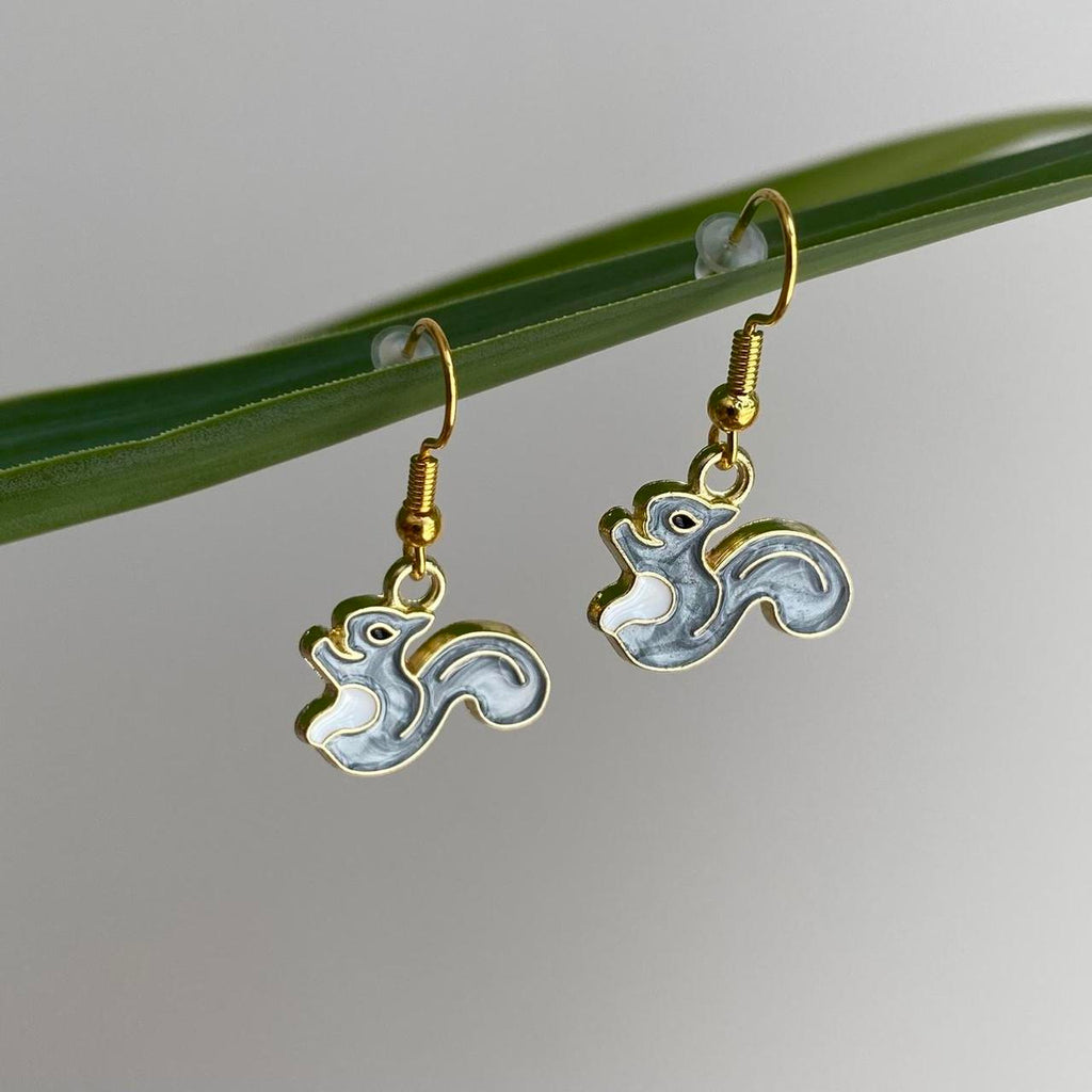 Grey Squirrel Enamel Dangle Earrings With Gold - Image 2