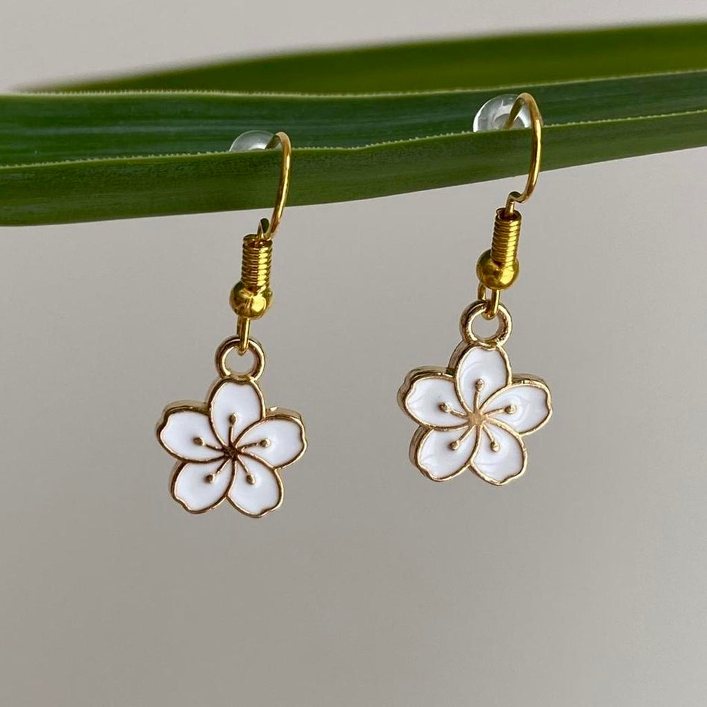 White Enamel Tropical Flower Dangle Earrings With
