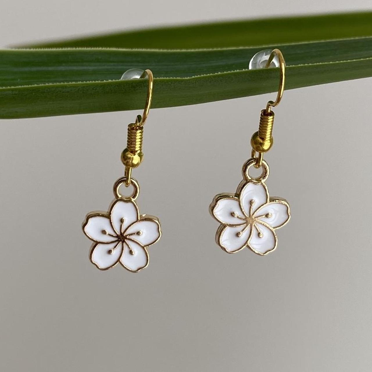White Enamel Tropical Flower Dangle Earrings With