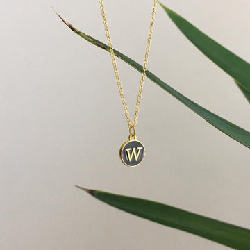 Letter W Initial Black Enamel Pendant Chain
