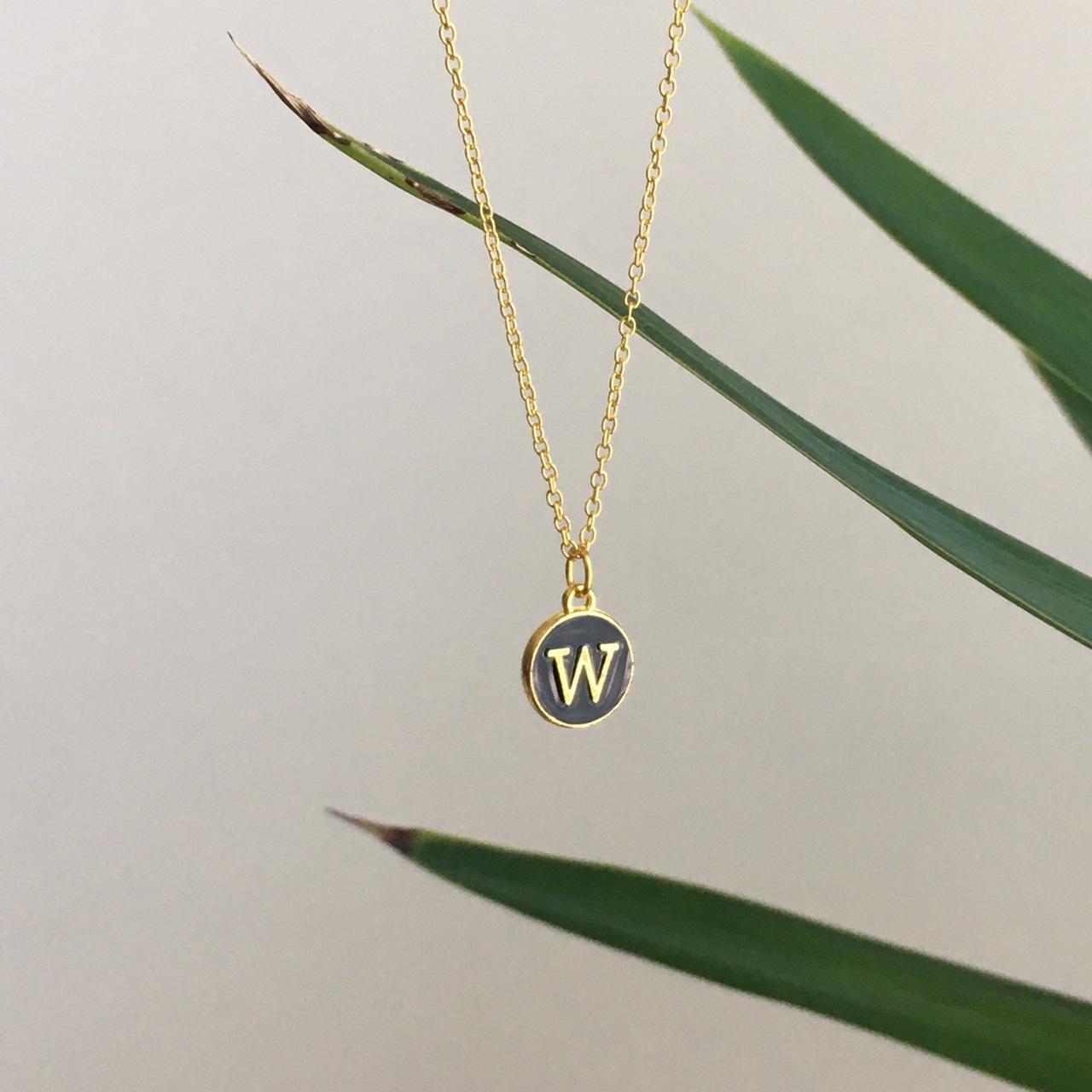 Letter W Initial Black Enamel Pendant Chain