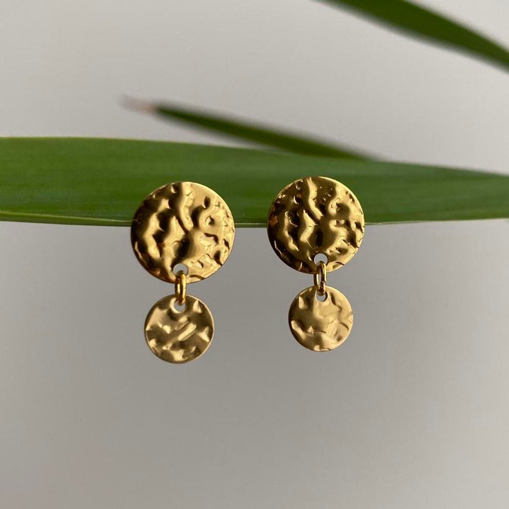 Small Hammered Circle Gold Dangle Stud Earrings