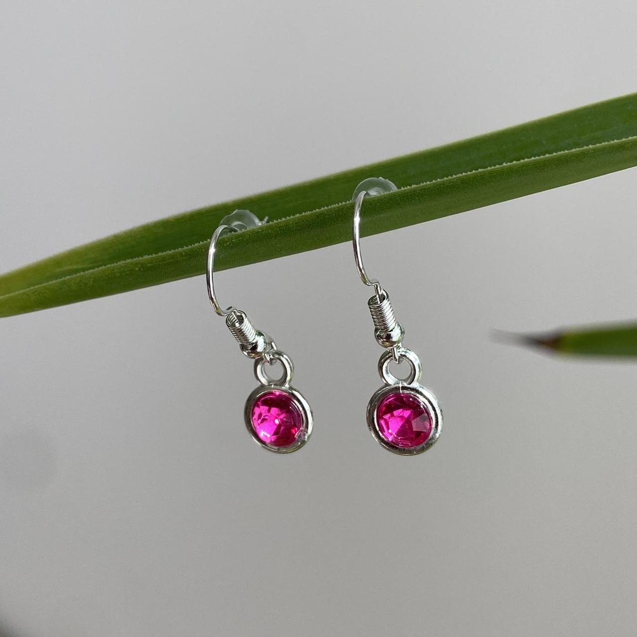 Magenta Pink Gem Dangle Earrings Silver Accents