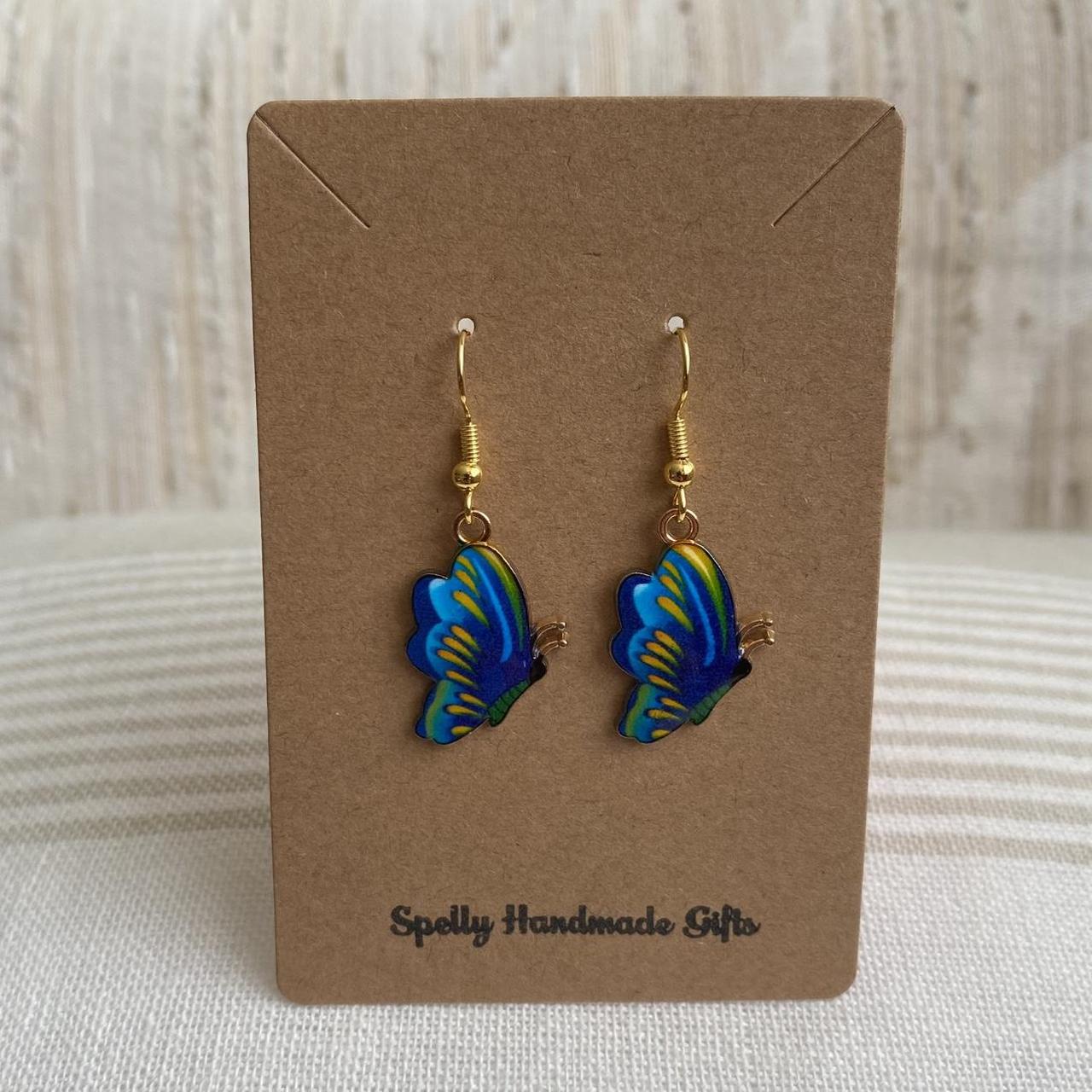 Blue Yellow Green Butterfly Enamel Dangle Earrings - Image 3