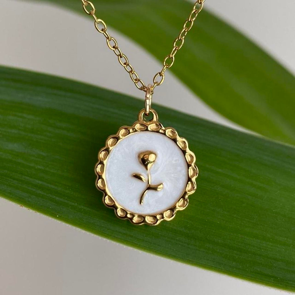 18 Karat Gold Plated White Enamel Vintage Style Rose
