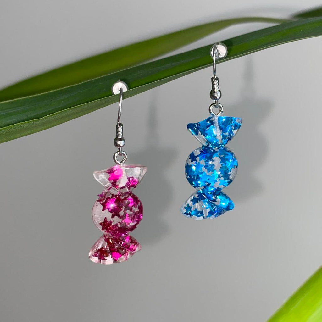 Sparkly Resin Pink And Blue Candy Dangle Earrings - Image 2