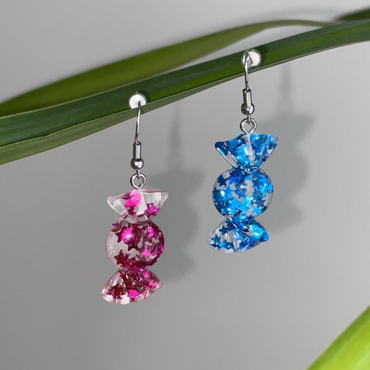 Sparkly Resin Pink And Blue Candy Dangle Earrings - Image 2