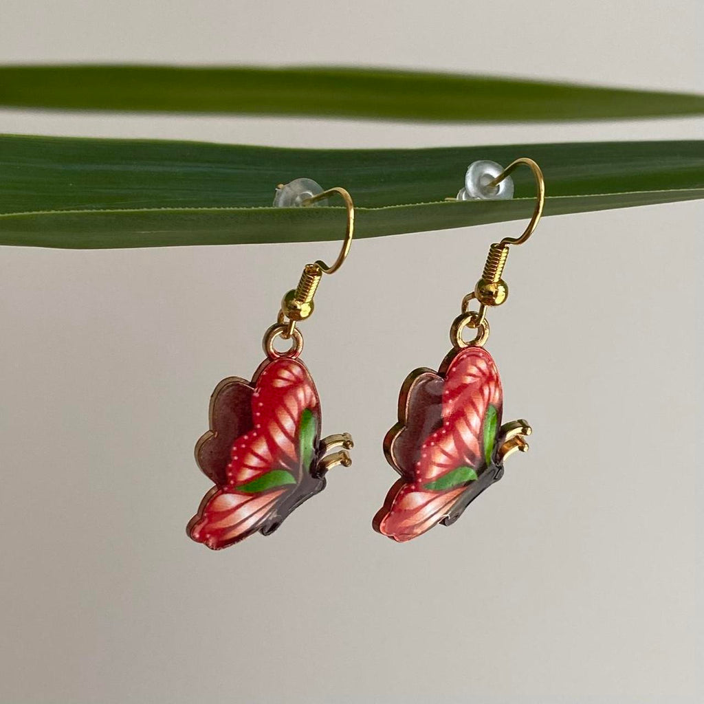 Red And Green Butterfly Enamel Dangle Earrings With - Image 2