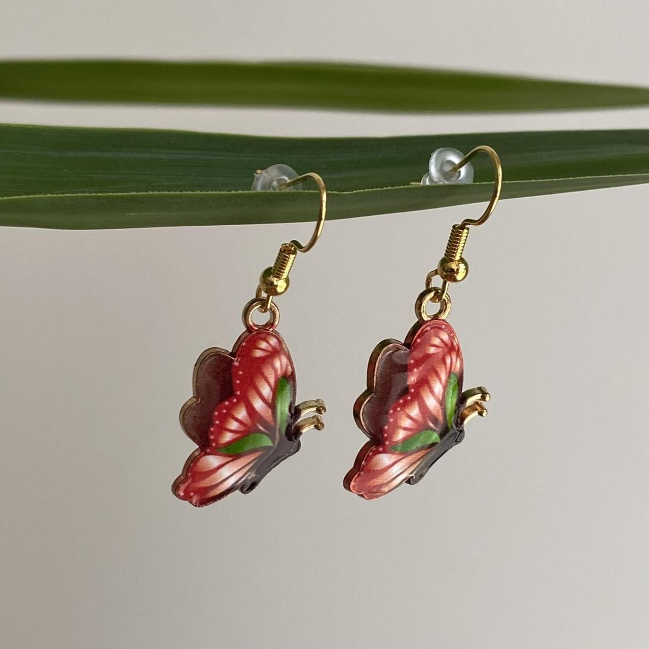 Red And Green Butterfly Enamel Dangle Earrings With - Image 2
