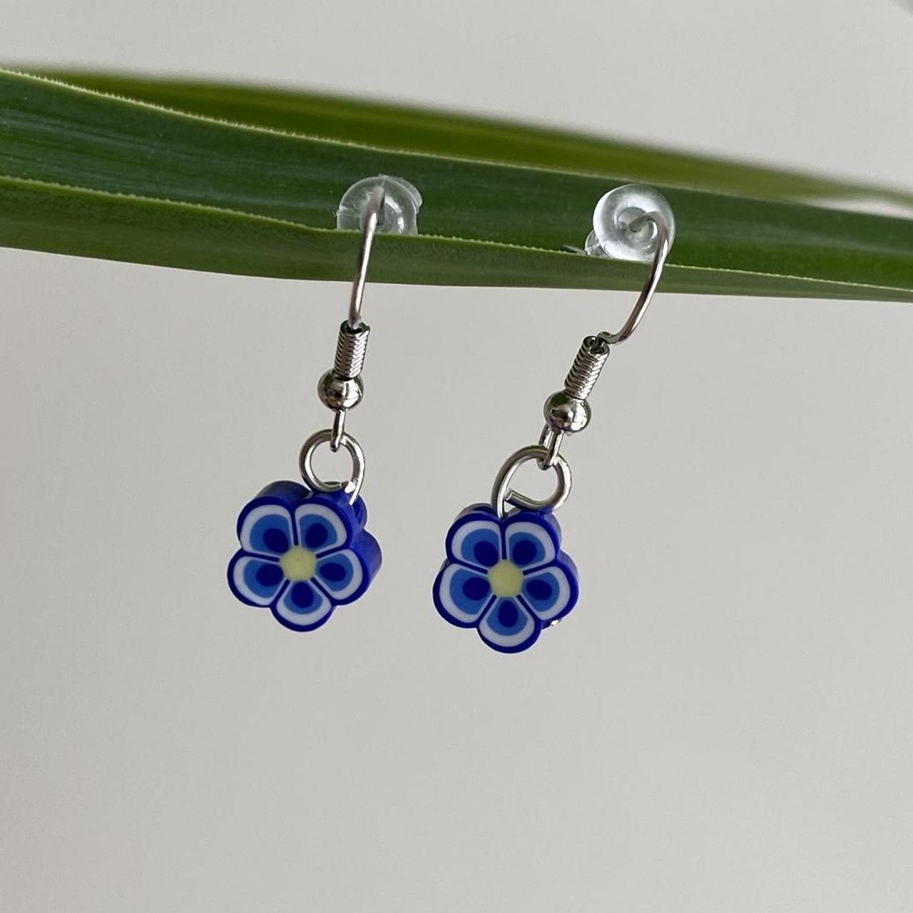 Dark Blue Tropical Flower Polymer Clay Dangle - Image 3