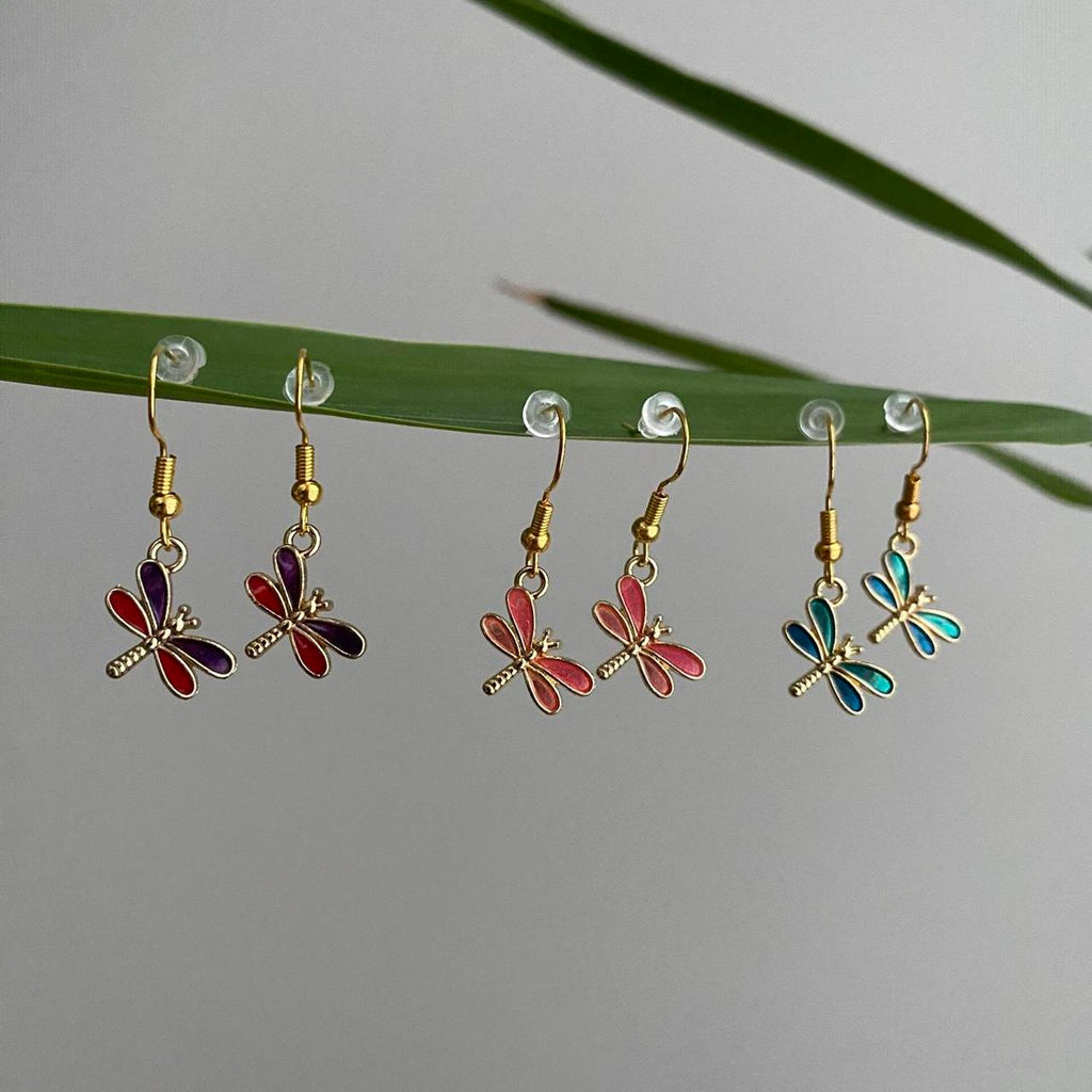 Pink And Purple Dragon Fly Dangle Earrings With Gold - Image 3