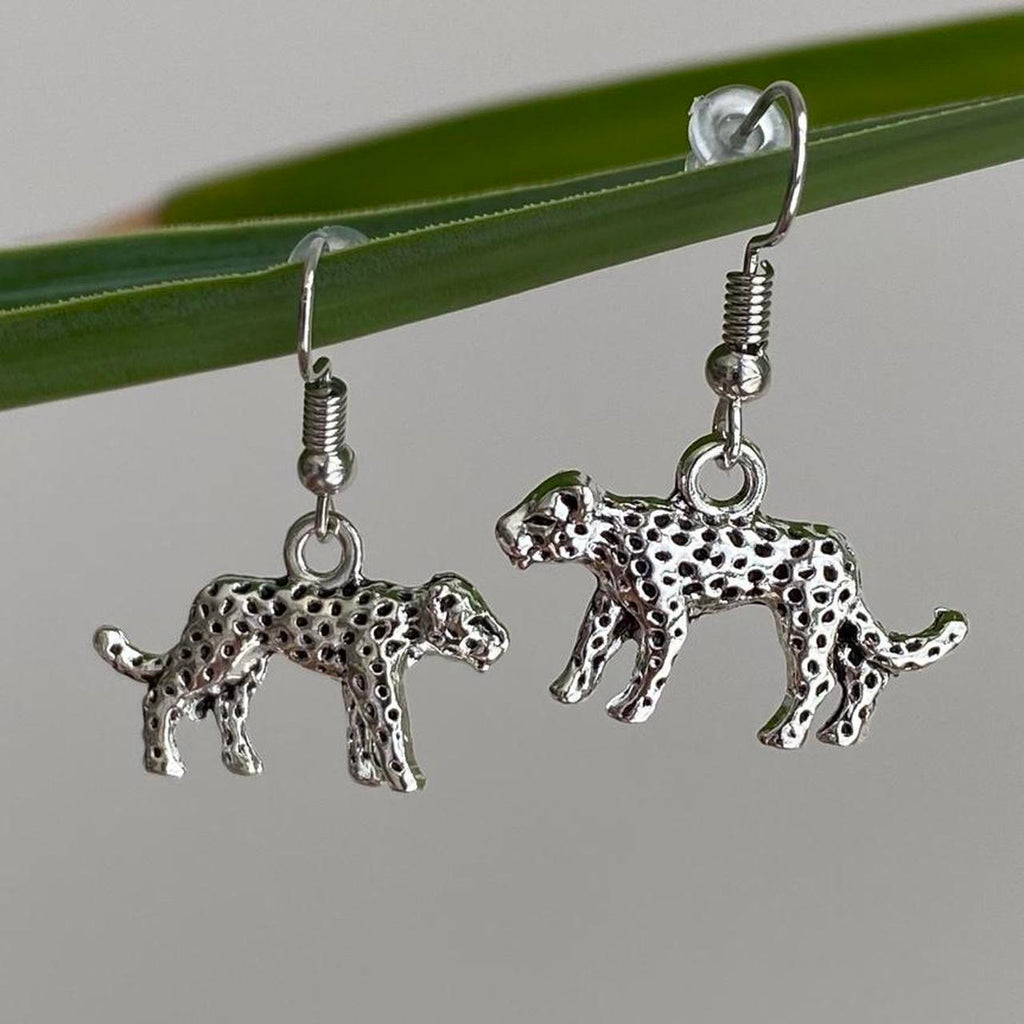 Silver Leopard Dangle Earrings Hand Made Pendant