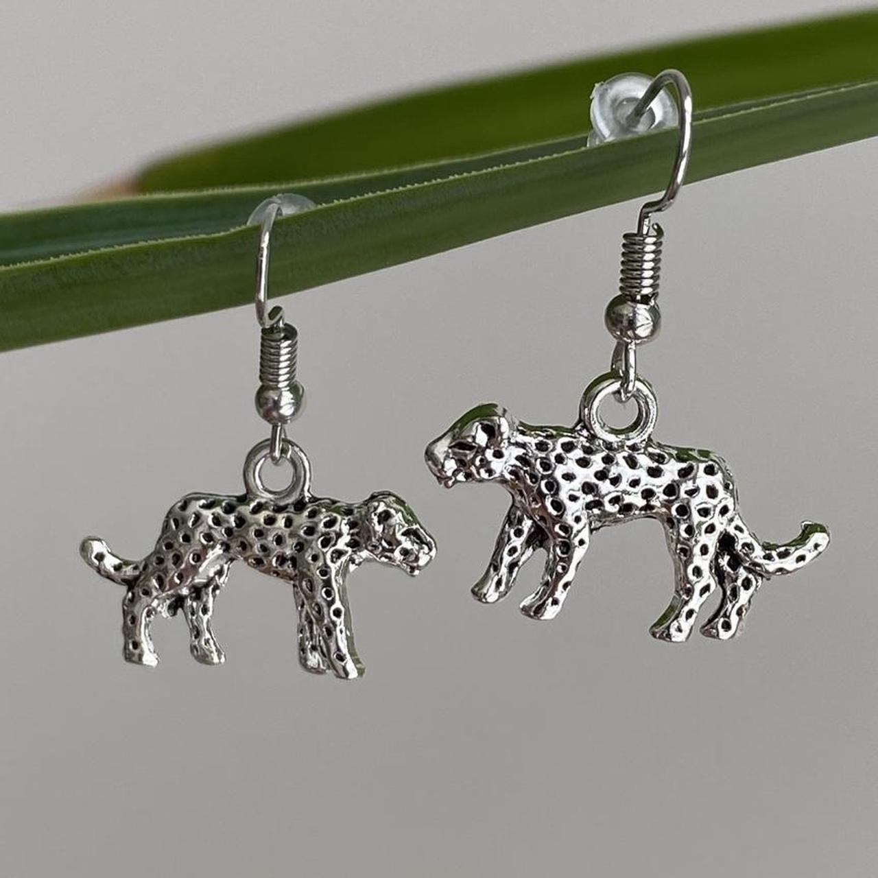 Silver Leopard Dangle Earrings Hand Made Pendant