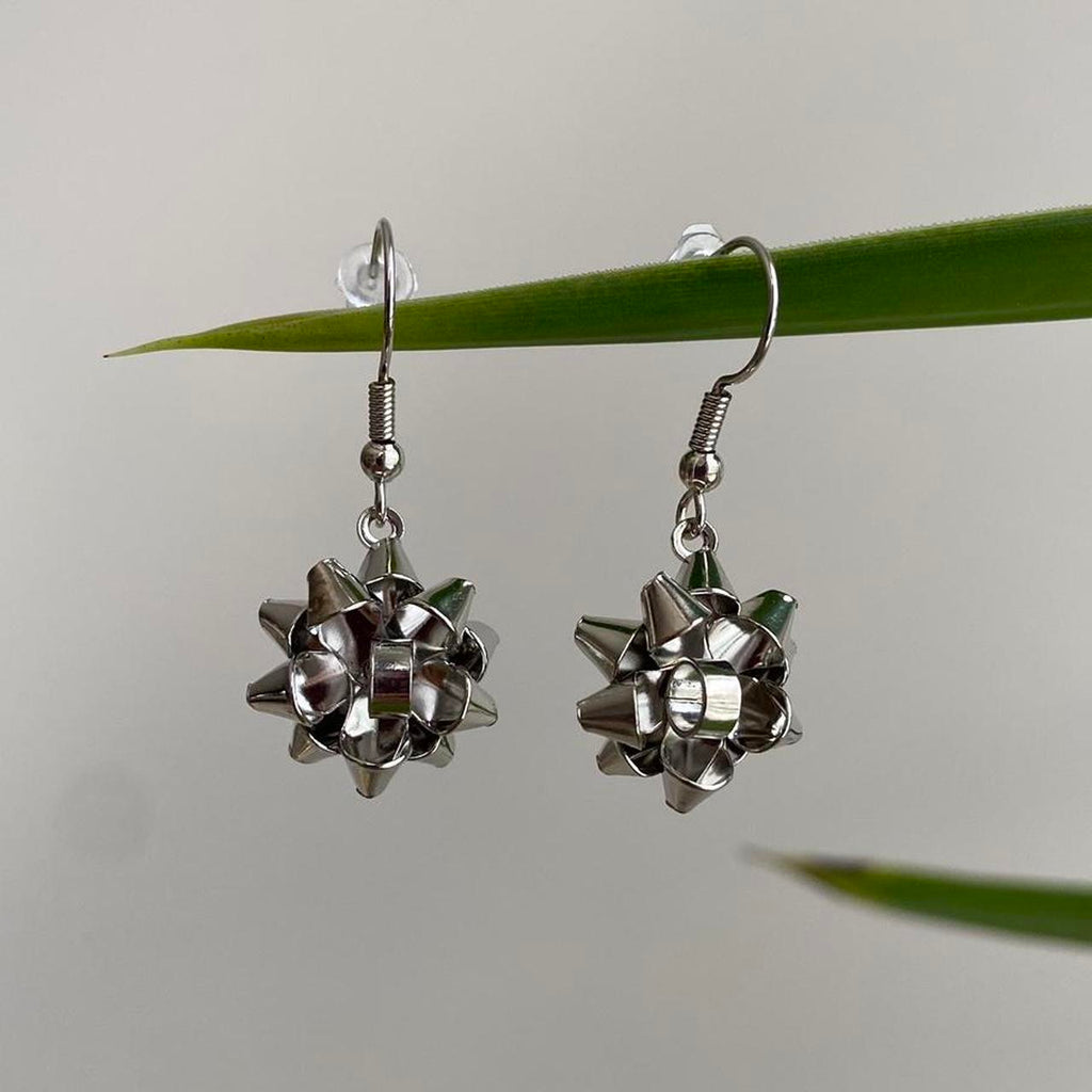 Cute Metallic Silver Gift Bow Dangle Earrings