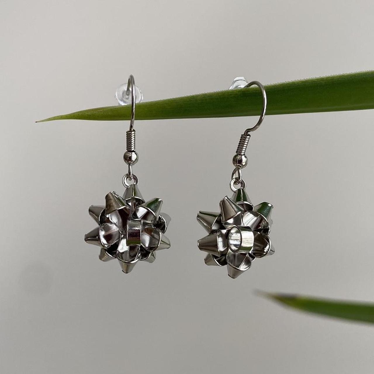 Cute Metallic Silver Gift Bow Dangle Earrings