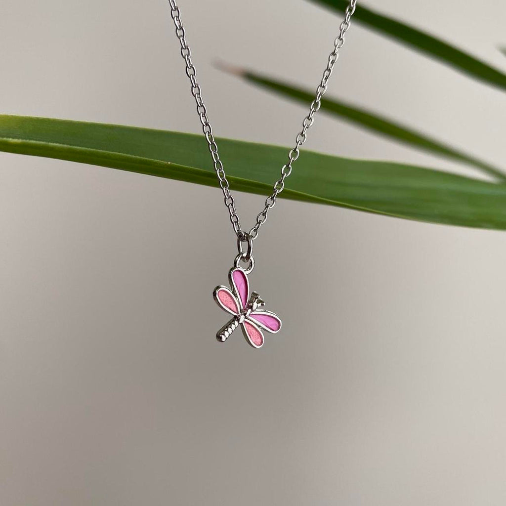 Pink Enamel Dragonfly Pendant Chain Necklace With - Image 4