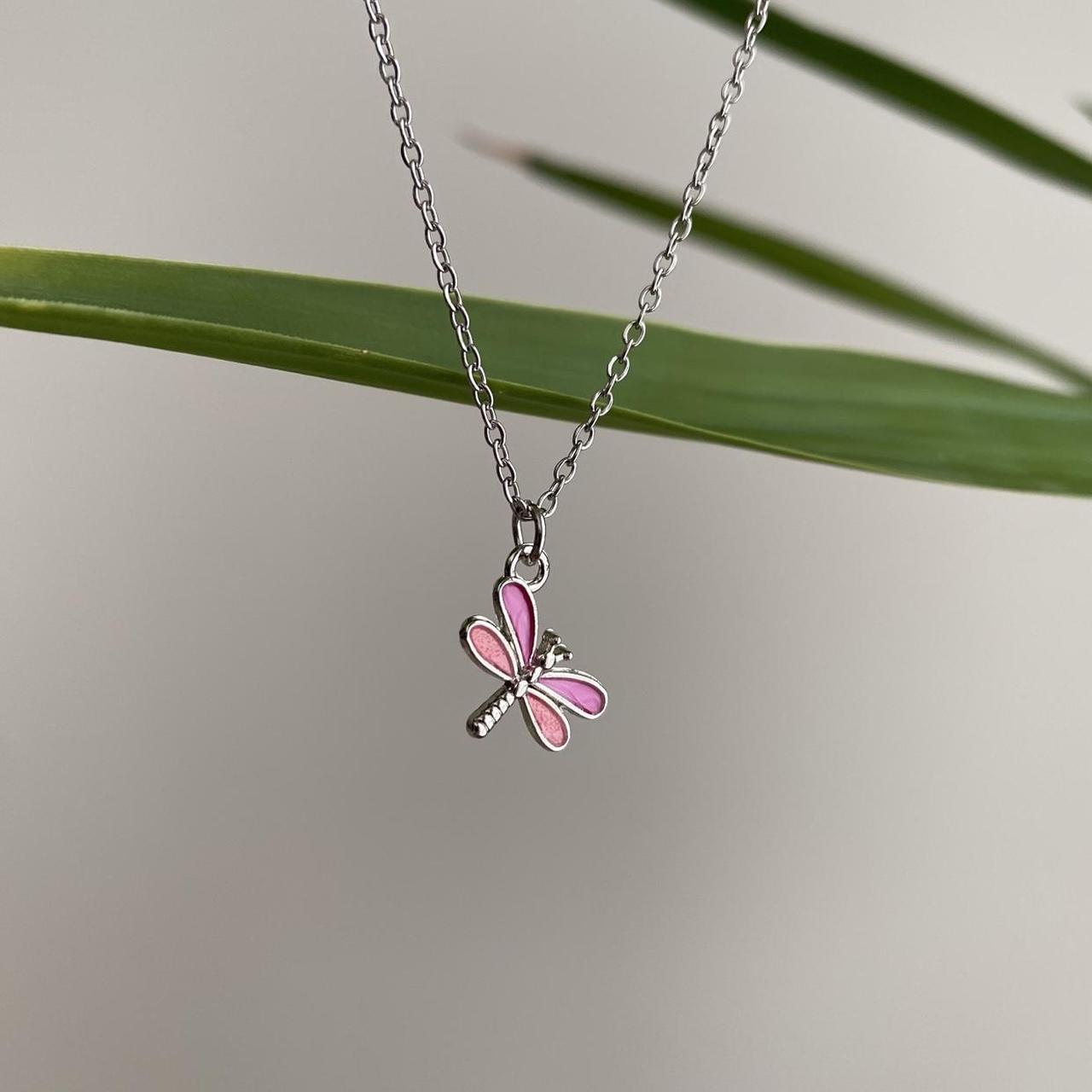 Pink Enamel Dragonfly Pendant Chain Necklace With - Image 4