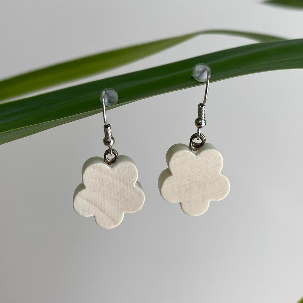 Wooden Flower Dangle Earrings With Silver Accents
