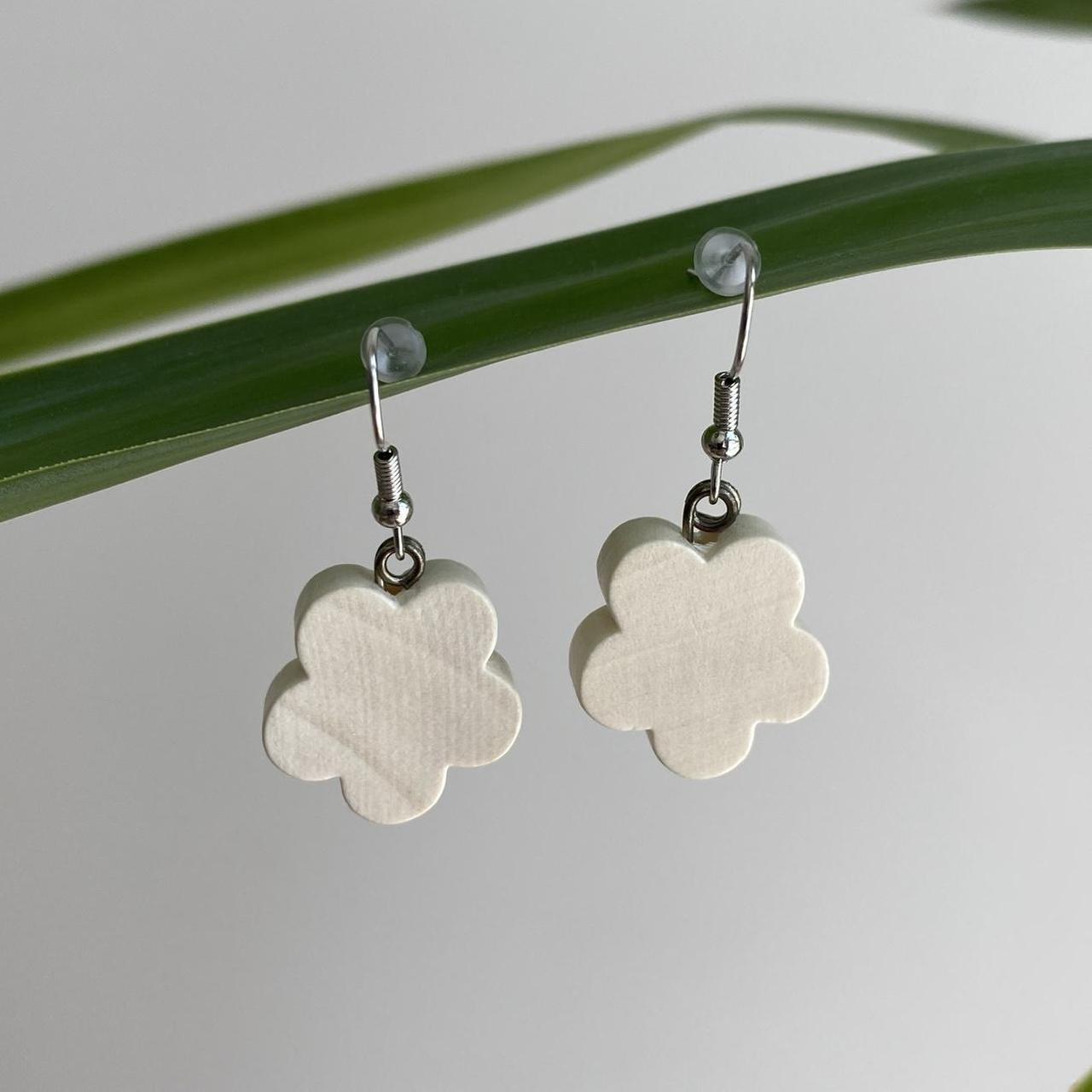 Wooden Flower Dangle Earrings With Silver Accents