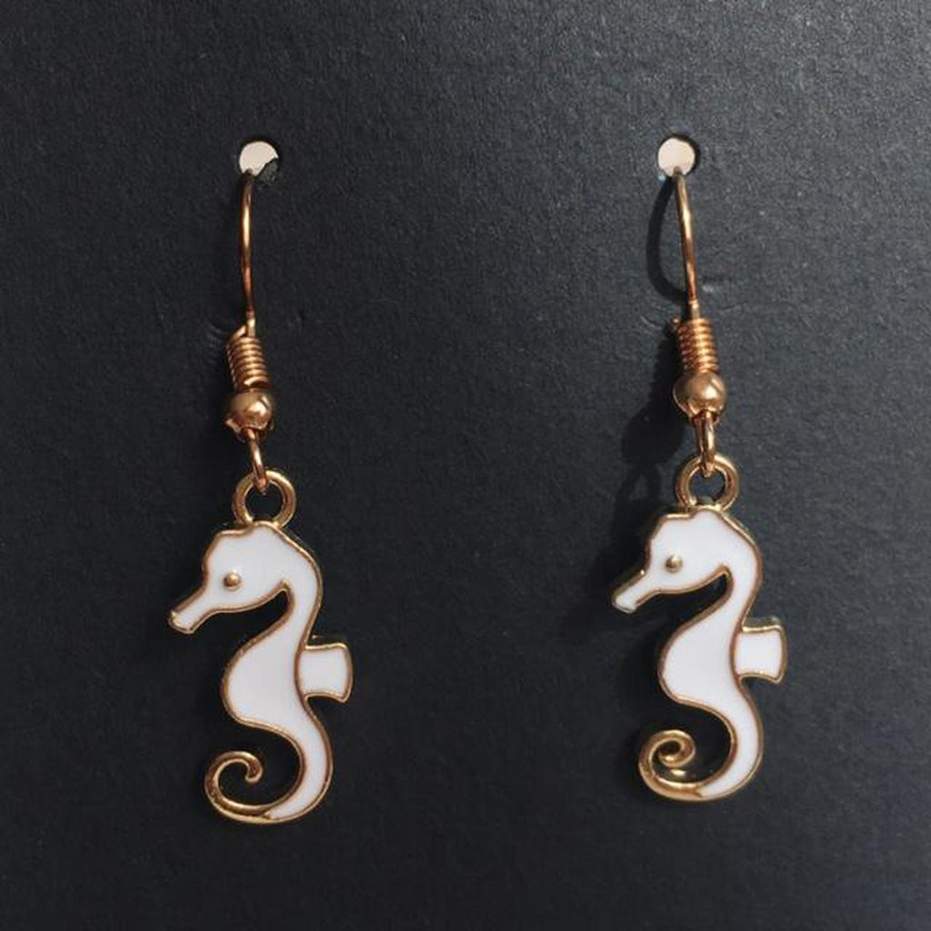 White Seahorse Dangle Earrings With Gold Accents - Image 3